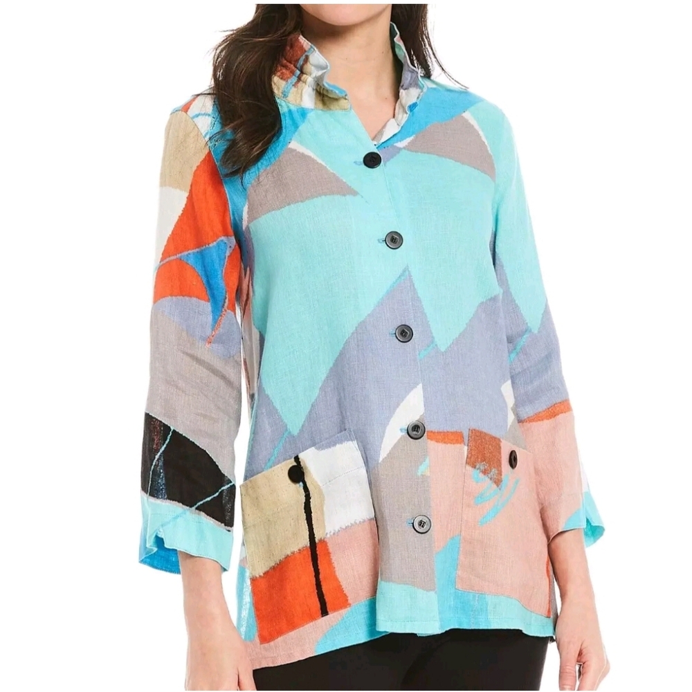 Ali Miles Linen Wired Collar Abstract Artsy Lagenlook Jacket Button-down Shirt